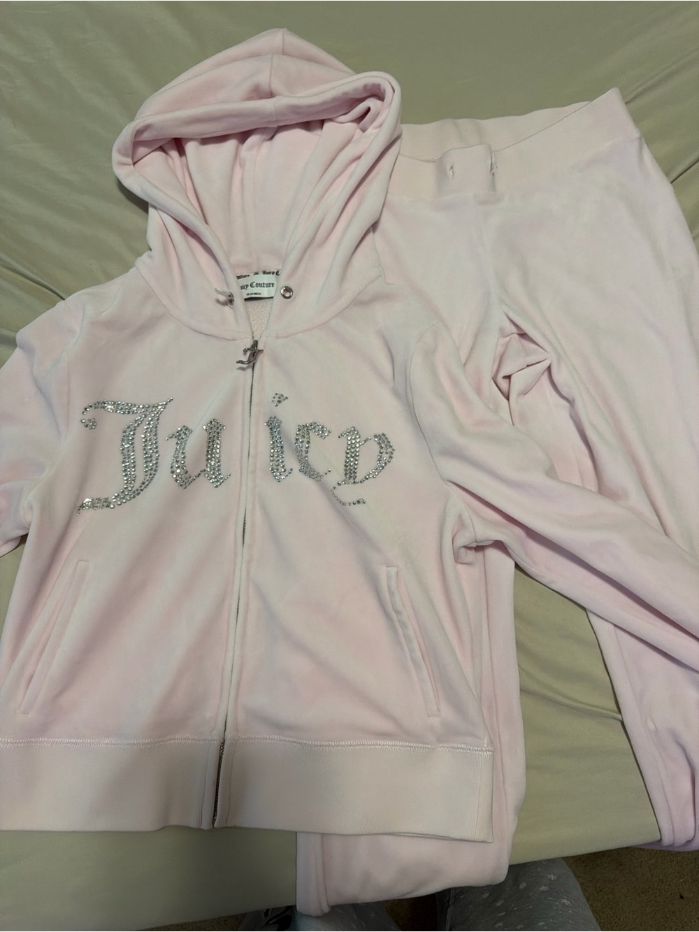 Juicy Couture Light Pink Velour Rhinestone Logo Hoodie Tracksuit